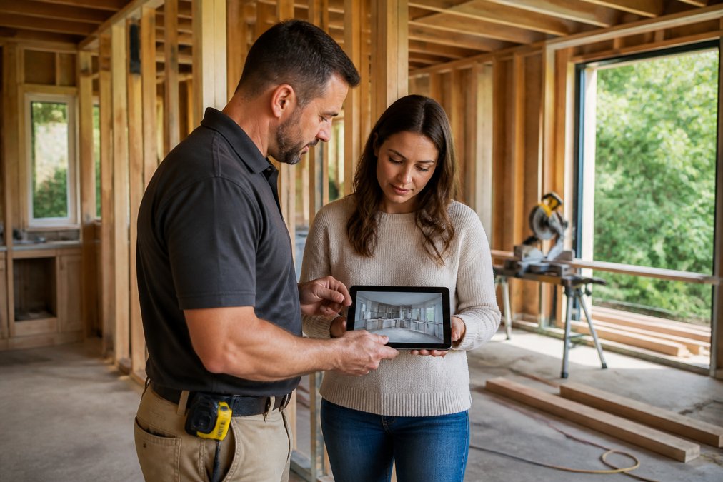 Contractor and homeowner reviewing 3D remodeling plans as a bee tree homes alternative in a house under renovation