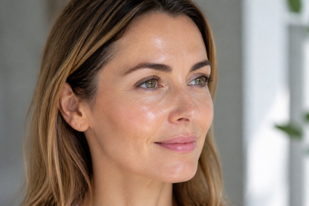 Woman's face showing radiant, smooth skin with visible firmness and improved texture under natural lighting, demonstrating skin clarity and hydration