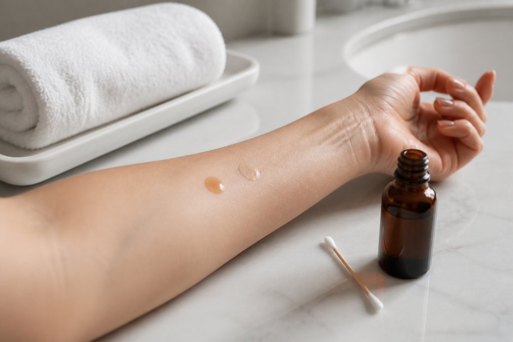 Close-up of a woman's forearm with a small patch test mark, a cotton swab and a small skincare bottle on a clean bathroom counter, soft natural light