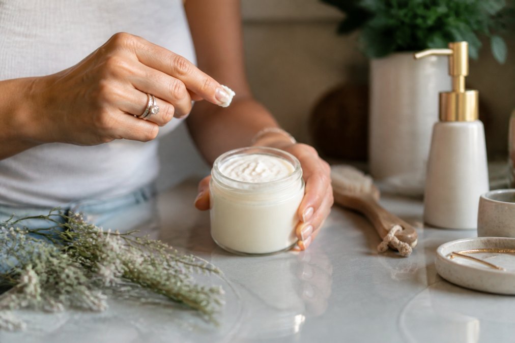 Person scooping whipped beef tallow moisturizer from a glass jar on a bathroom counter with botanical sprigs