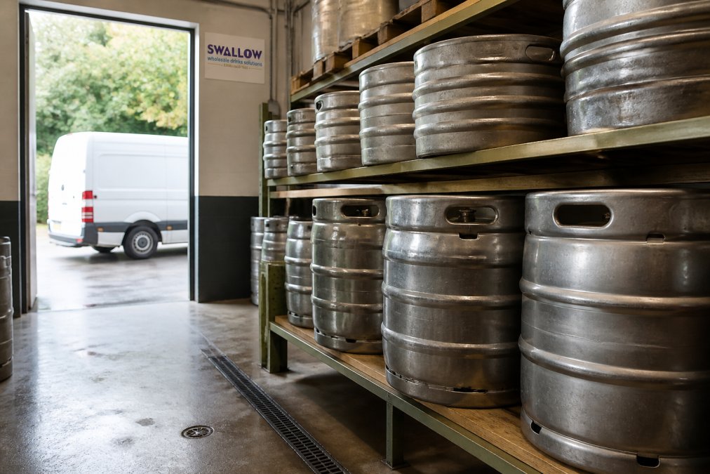 A clean, well-organised pub cellar with stainless steel beer kegs of different sizes stacked neatly on racks, a white delivery van visible through an open cellar door in the background, natural lighting, no brand logos