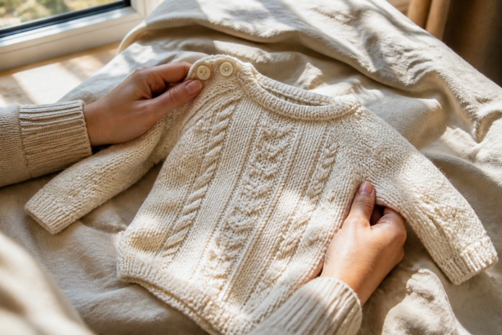 Close-up of a mother's hands gently holding a soft, hand-knit baby sweater with a name stitched on the chest, yarn texture visible in warm natural window light