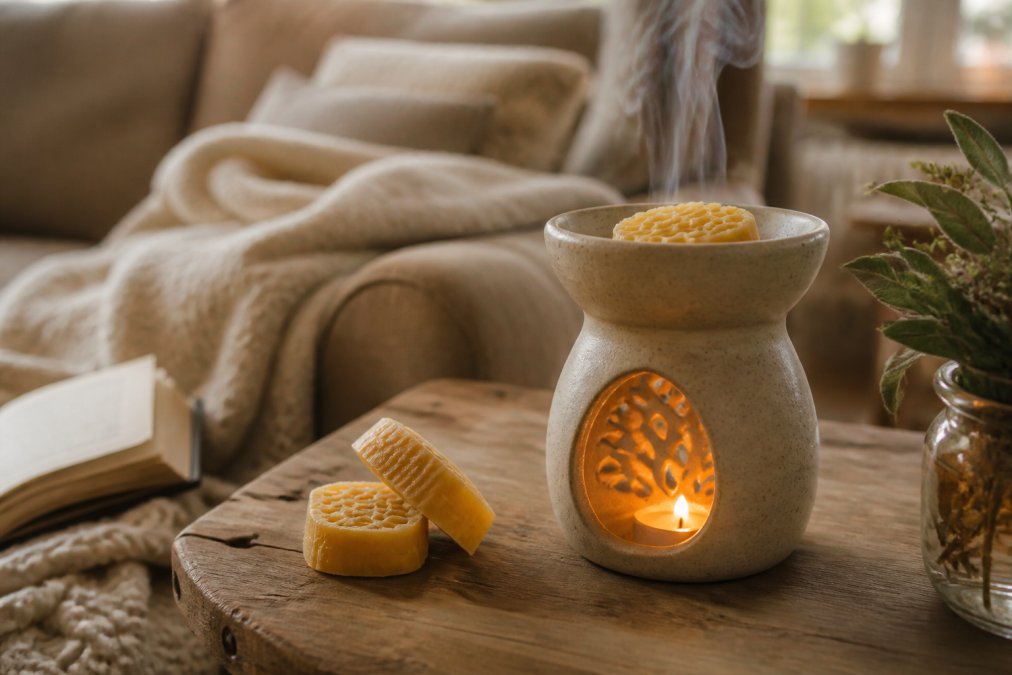 A warm, softly lit living room scene with a ceramic wax warmer on a wooden side table, gentle steam rising from a honeycomb-shaped beeswax melt, a cozy blanket and book nearby