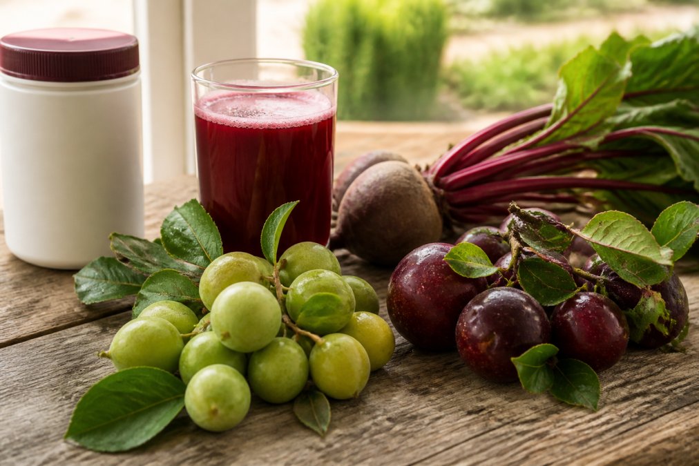 Infographic showing how beetroot nitric oxide and native fruits support heart health through polyphenols.