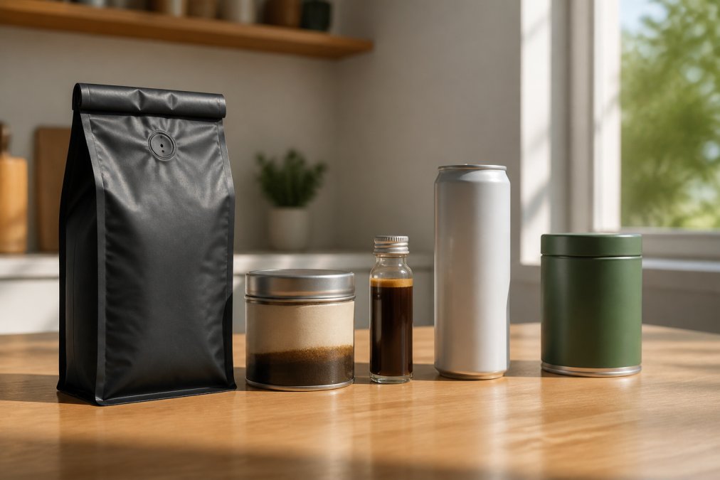 Five different energy products arranged in a row on a light wood kitchen counter: a matte black coffee bag, a small tin of mushroom blend, a tiny glass shot bottle, a slim energy drink can, and a green matcha tin, with soft morning light coming through a nearby window