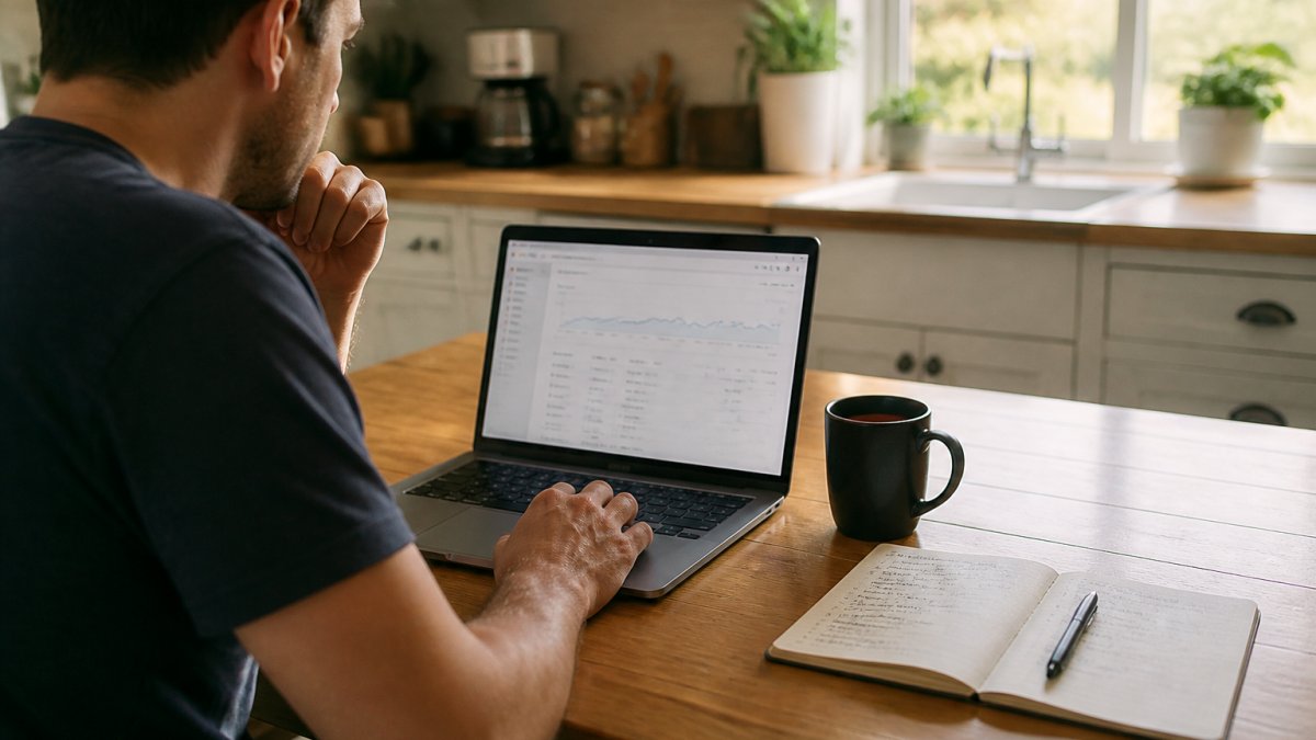 A person at a kitchen table with a laptop open to a blog analytics dashboard, a notebook with handwritten notes and a mug of tea beside it, soft morning light through a window