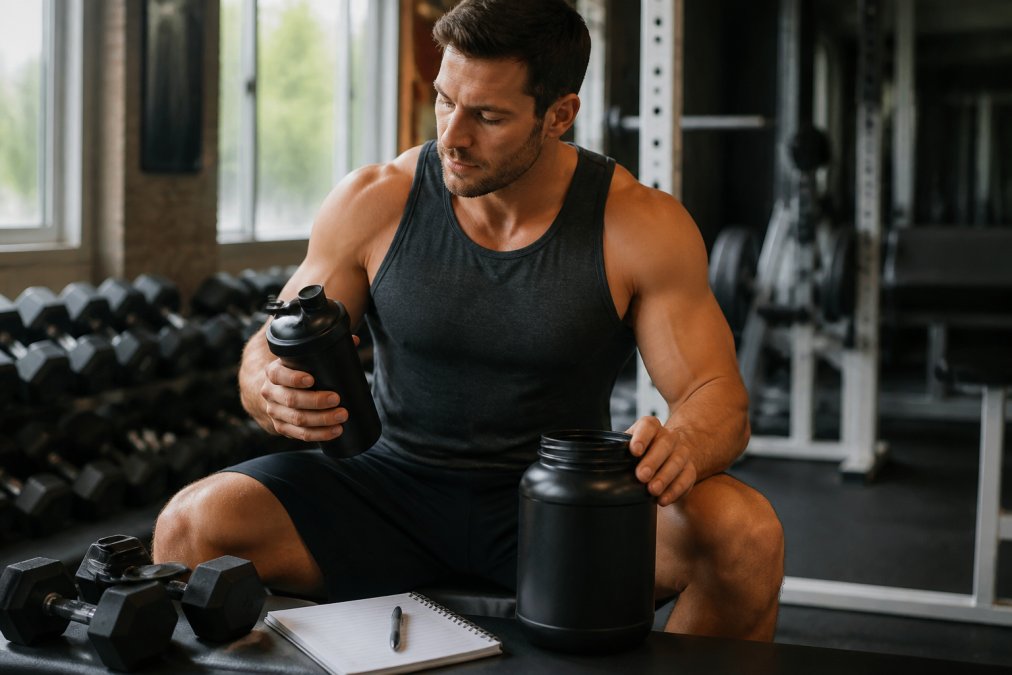 A fit man in his 30s in a gym setting, holding a shaker bottle and a container of protein powder on a bench, with dumbbells and a notebook nearby, natural lighting.
