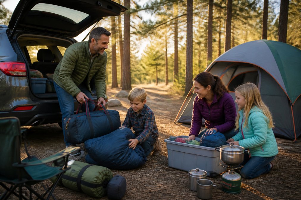 A family with two adults and two children unpacking camping gear from a car trunk at a campsite, with a tent, sleeping bags, and a camp stove visible, golden hour light