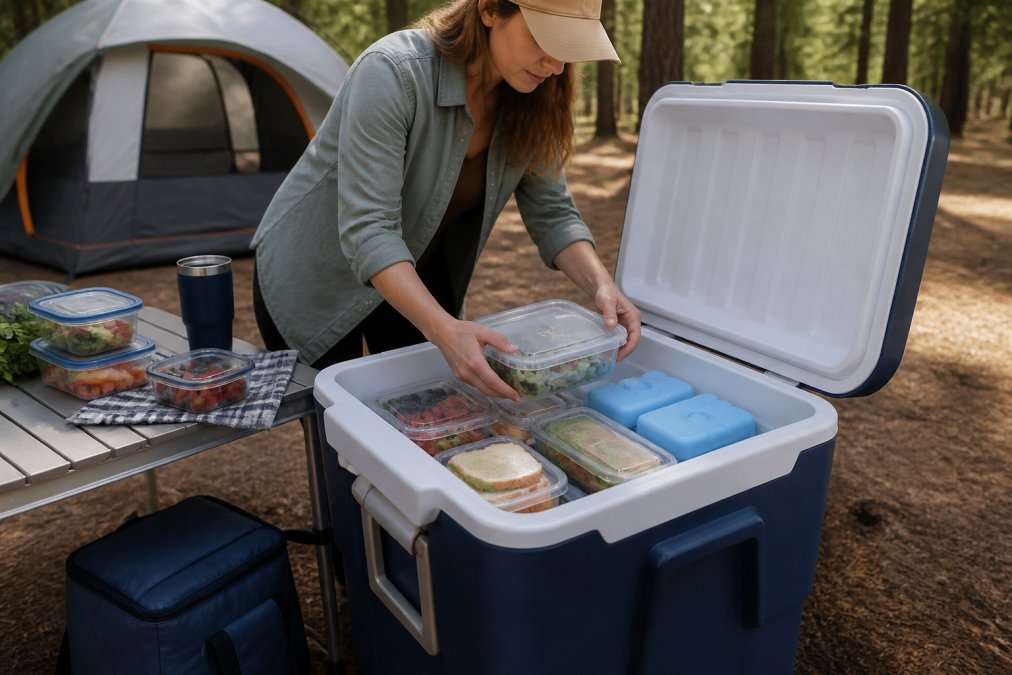 A person layering sealed food containers and ice packs inside a large blue cooler at a shaded campsite, tent and pine trees visible in the background