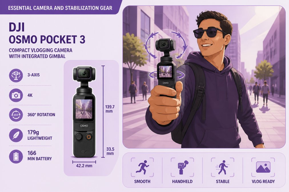 Content creator holding a compact DJI Osmo Pocket 3 vlogging camera with integrated gimbal, recording outdoors while walking through a sunlit urban environment, demonstrating smooth handheld stabilization in action