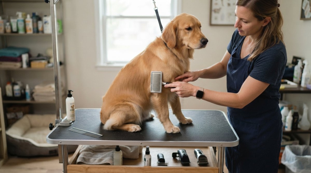 Pet owner using a slicker brush on a calm dog sitting on a grooming table with the dog's coat visibly smooth and owner holding the brush at the correct angle