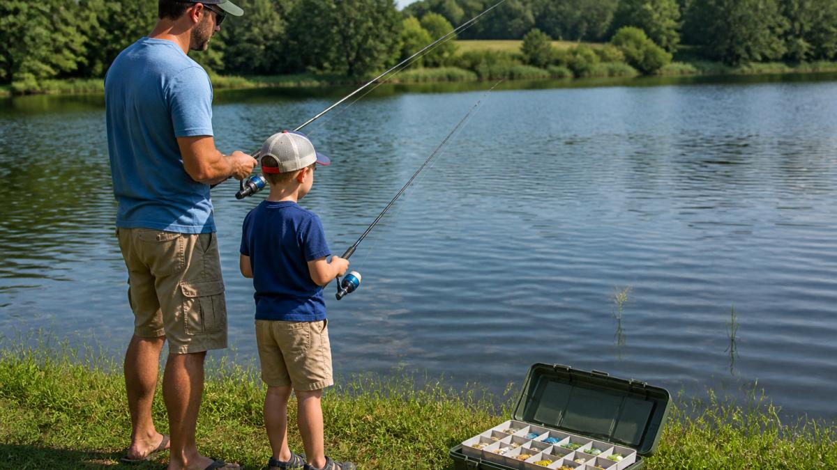 Diagram illustrating the process of selecting simple colorful lures for children learning to fish by the water