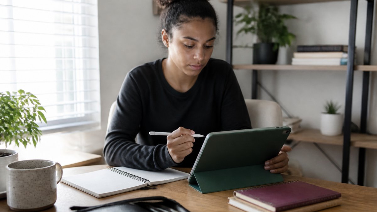 Focused person using a digital planner on a tablet at a desk with a notebook in natural light