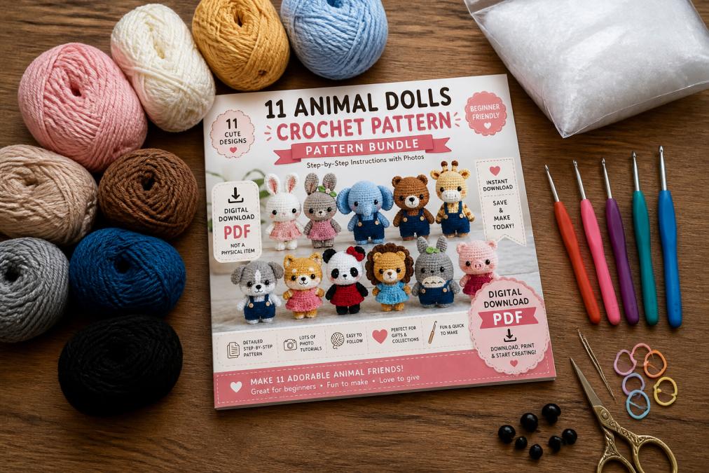 Flat lay arrangement of beginner crochet supplies on a wooden table: colorful yarn balls in various weights, crochet hooks ranging from 2mm to 5mm, safety eyes in different sizes, white fiberfill stuffing, tapestry needle, stitch markers, and scissors, with natural window lighting