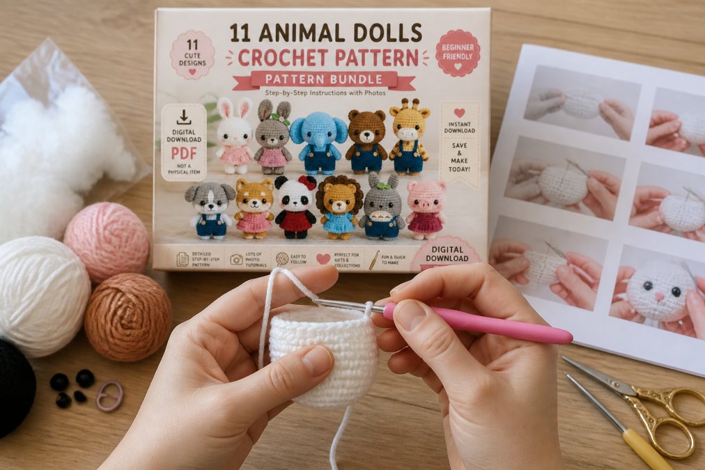 Close-up of hands demonstrating proper single crochet stitch technique with yarn tension visible, working on a small white amigurumi piece in progress, with a printed crochet pattern sheet visible in the background and natural daylight