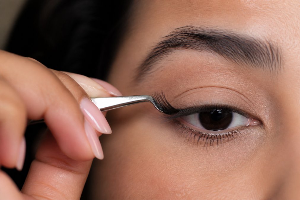 Close-up of hands holding curved application tweezers and carefully placing a black lash cluster onto the upper lash line at the outer corner of an eye, showing proper 45-degree angle and precise base placement