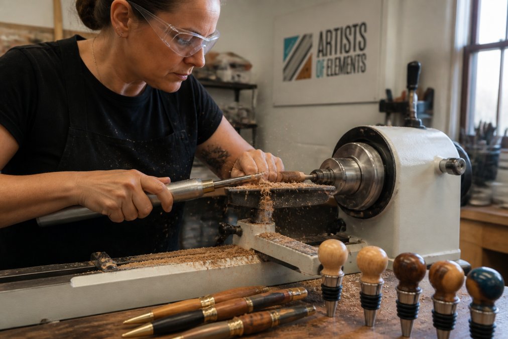 Woodworker using a lathe to shape a wooden pen blank with shavings curling off the tool