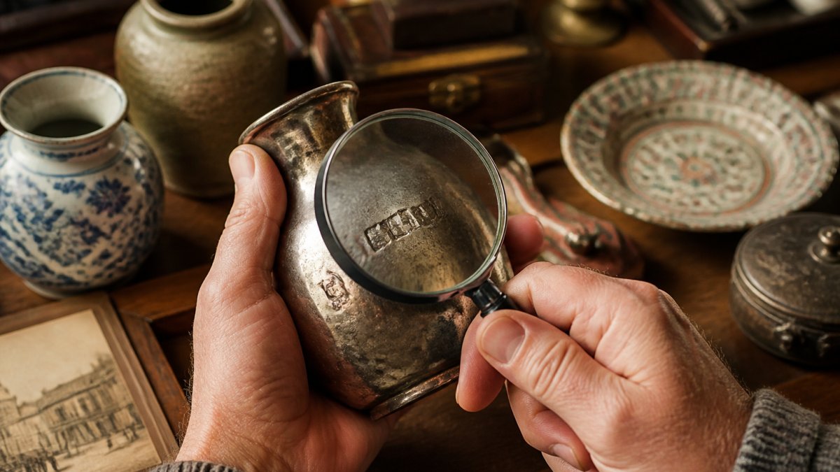 Close-up of hands examining a vintage artifact with a magnifying glass, showing maker's marks and patina details on aged metal and ceramic surfaces under warm natural light