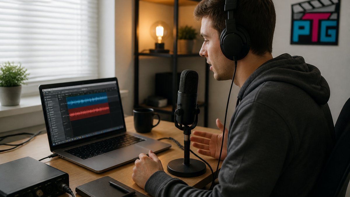 Beginner podcaster sitting at a home studio desk with a USB condenser microphone, headphones, and laptop screen showing a DAW timeline, recording their first episode in a quiet room with soft lighting