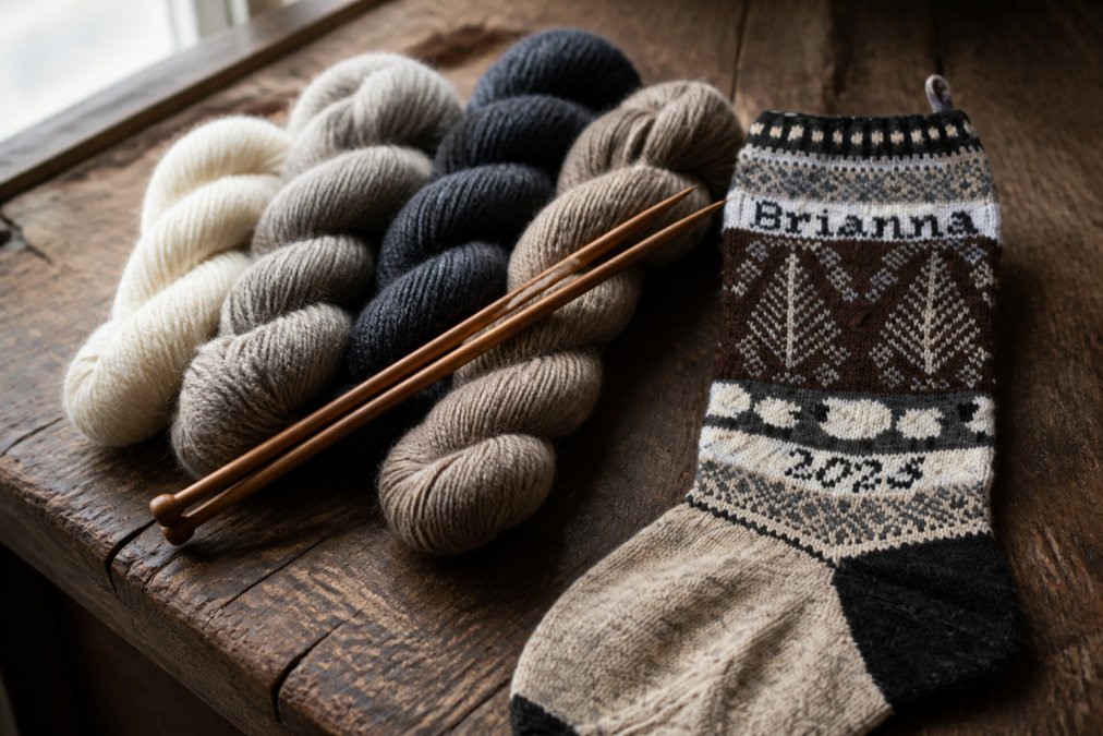 Close-up of several skeins of natural Shetland wool in earthy tones, cream, heathered brown, deep navy, and warm oatmeal, arranged on a worn wooden surface with a pair of knitting needles resting across them, soft natural window light