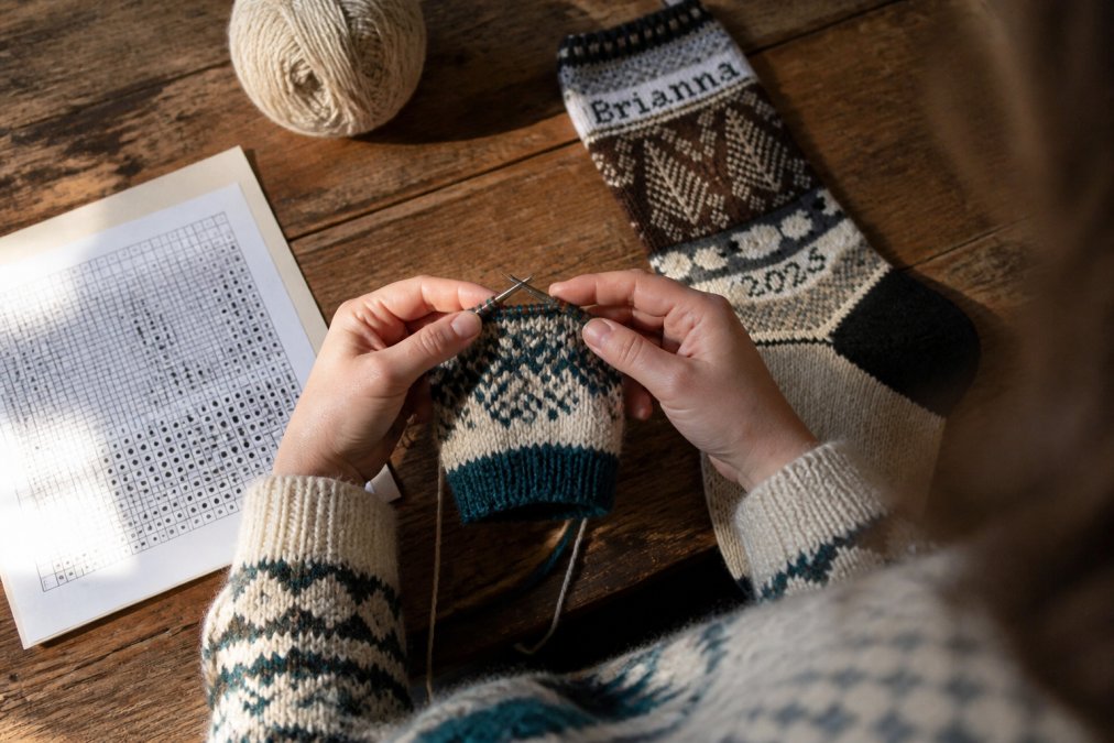 A pair of hands holding circular knitting needles mid-row, working a colorful Fair Isle swatch in cream and deep teal, with a small printed chart and a ball of natural wool visible on a worn wooden table in warm afternoon light