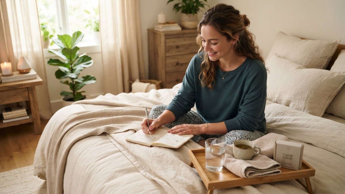 A woman in her late twenties sitting on a bed in a calm, sunlit bedroom, writing in a small notebook beside a glass of water and a folded towel, creating a relaxed personal wellness planning moment