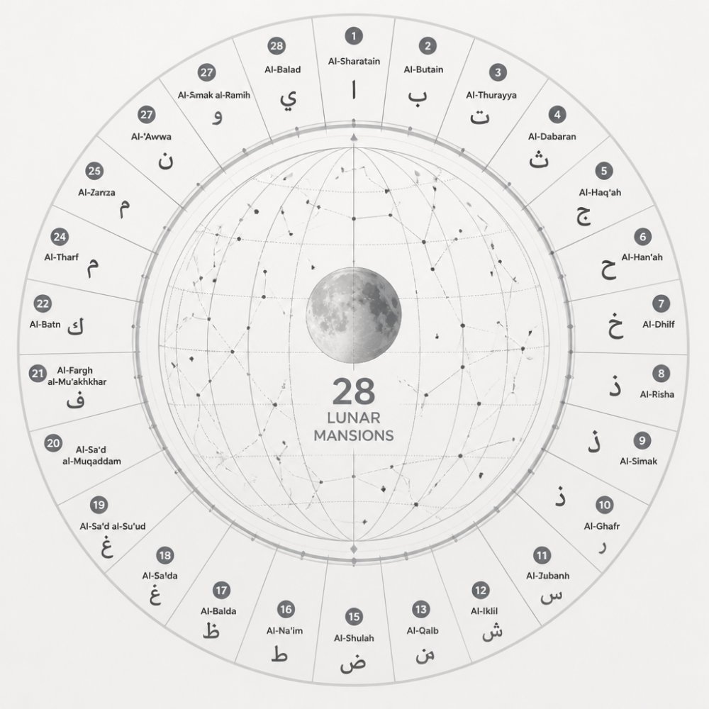 Circular pencil sketch diagram of the celestial sphere divided into 28 lunar stations, each segment labeled with its Arabic mansion name (Al-Sharatain, Al-Butain, Al-Thurayya) and corresponding Arabic letter