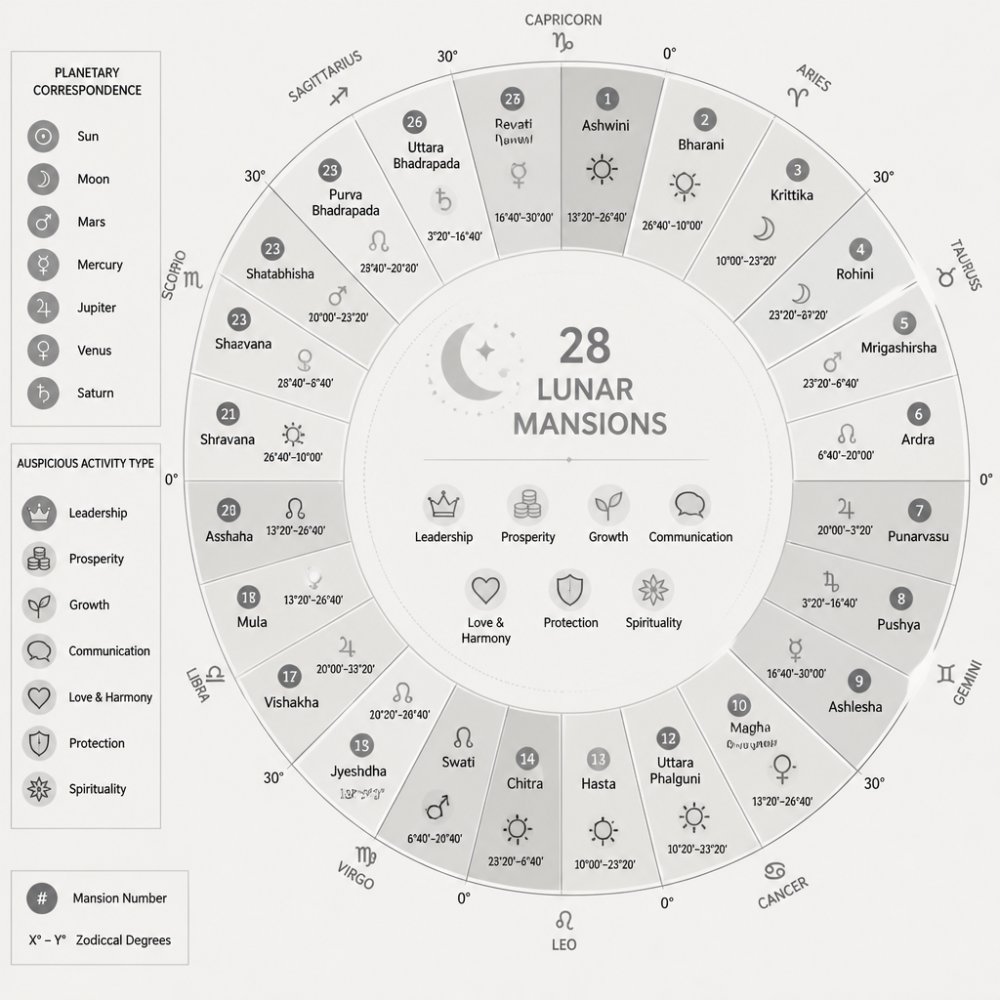 Circular diagram of 28 lunar mansions illustrating planetary correspondences and auspicious lunar mansion rituals