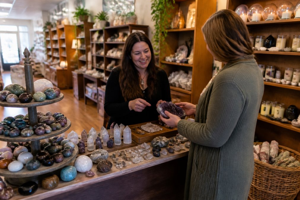 A welcoming, brightly lit retail space with wooden shelves displaying crystals, books, and candles, while a friendly staff member assists a customer near the counter
