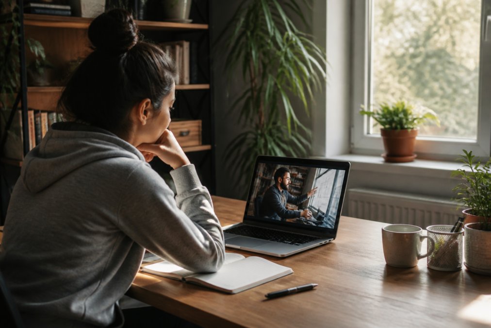 Person focused on an online course on a laptop at a tidy wooden desk