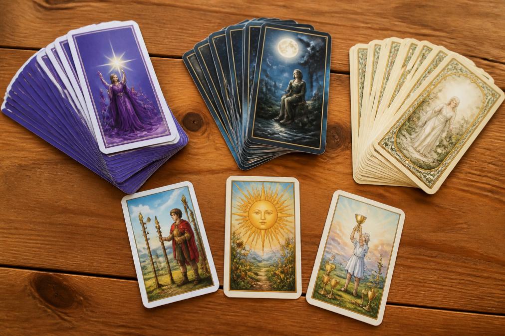 Overhead flat-lay of three different tarot decks fanned out on a wooden surface, with a few face-up cards showing colorful illustrated artwork, soft natural lighting