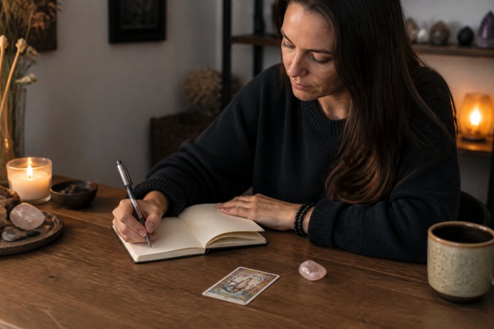 Person sitting at a cozy desk writing in an open journal beside a single tarot card and a small crystal, warm candlelight in the background creating a reflective, peaceful atmosphere