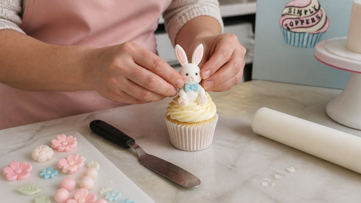Close-up of a home baker's hands gently placing a small handmade fondant rabbit topper onto a buttercream-covered cupcake on a kitchen worktop, with a palette knife and sugar paste decorations nearby