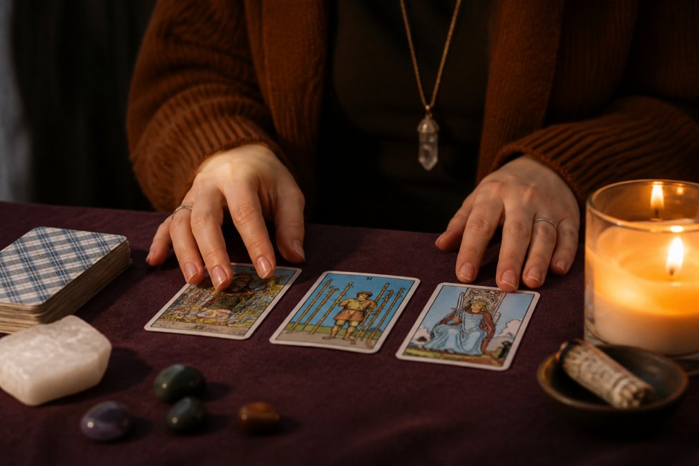 Close-up of hands laying out three tarot cards face-up on a soft, cloth-covered table, with a lit candle glowing warmly nearby in a cozy, dim room