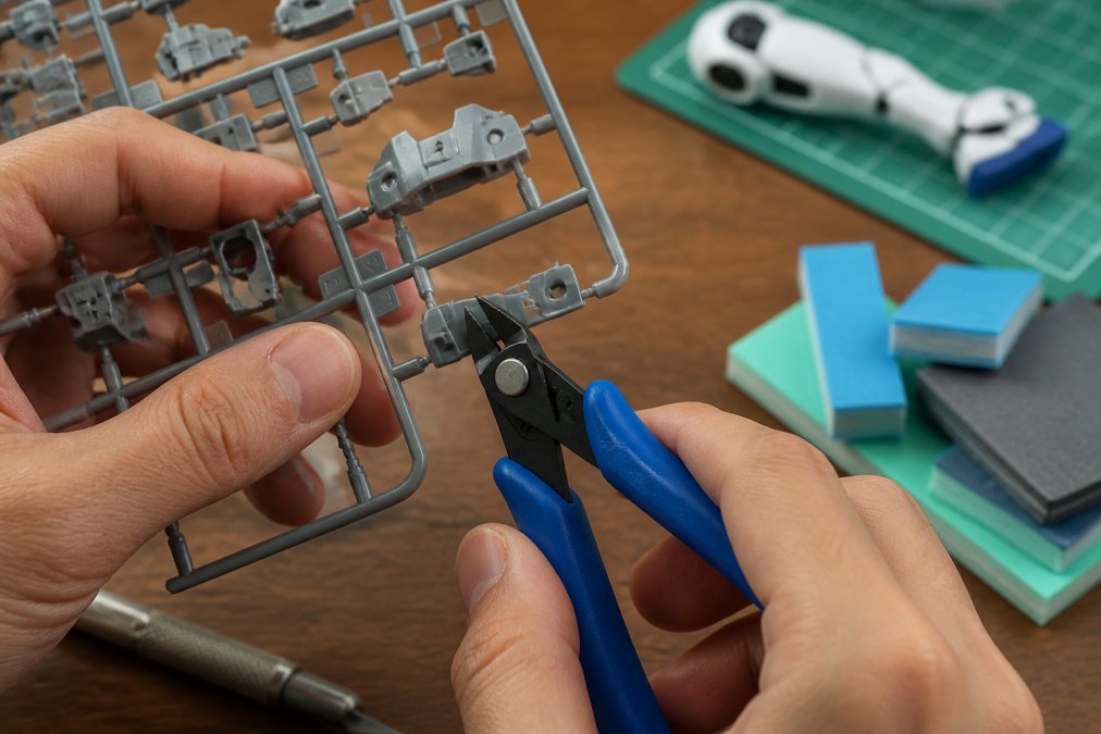 Hands demonstrating nub removal process on a plastic model part: one hand holding a plastic sprue piece with nubs, the other holding side cutters positioned to make the first cut, with sanding sponges visible nearby