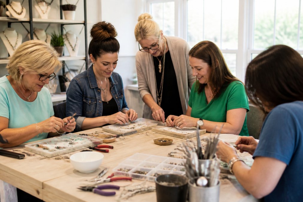 A small group of adults seated around a bright studio table, each working on a jewelry project with pliers and beads, an instructor leaning in to help a student, natural light from large windows