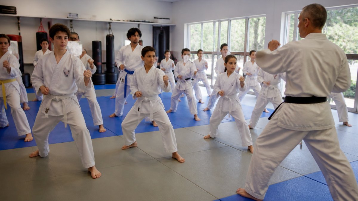 Diverse group of beginner martial arts students in white uniforms practicing basic stances and techniques under instructor guidance in a bright, welcoming training facility with natural lighting