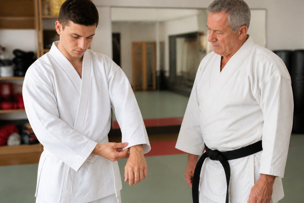Martial artist in white gi adjusting the fit of uniform sleeves to show proper length alignment at wrist, demonstrating correct sleeve positioning with instructor observing proper uniform fit standards