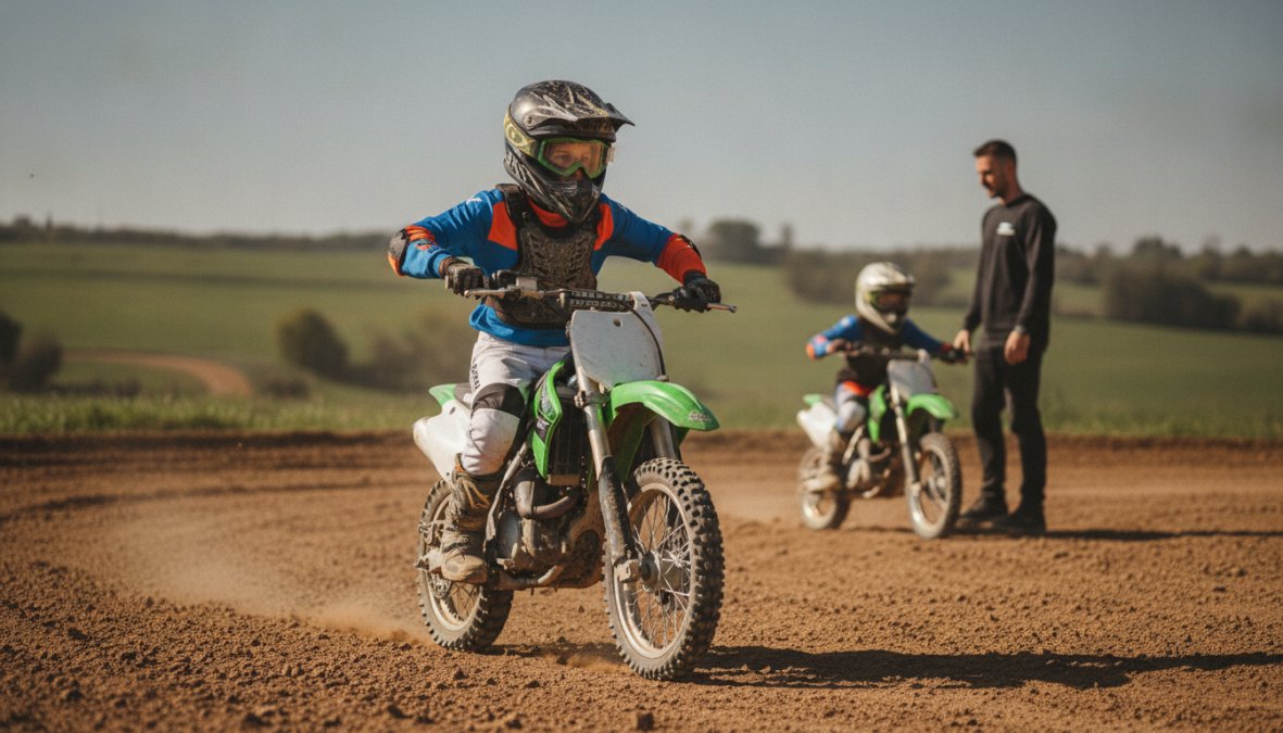 Professional illustration showing Young for beginner motocross riding techniques for kids