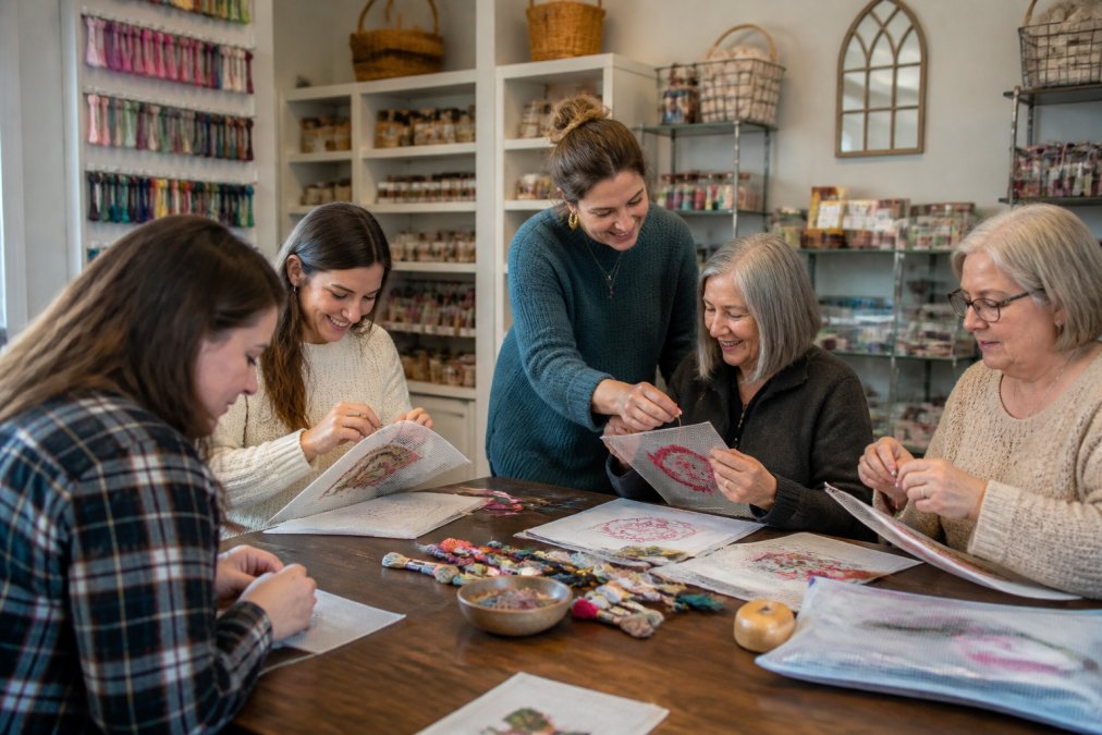 Small group of people sitting together in a warm, well-lit craft studio, working on needlepoint canvases at a shared table, smiling and engaged with their projects and instructors