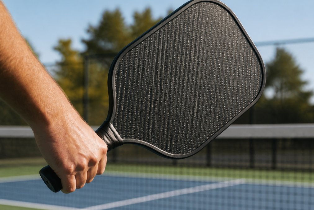 Close-up of a player's hand gripping a textured carbon fiber pickleball paddle, showing the woven face and low-profile edge guard, with an outdoor court blurred in the background