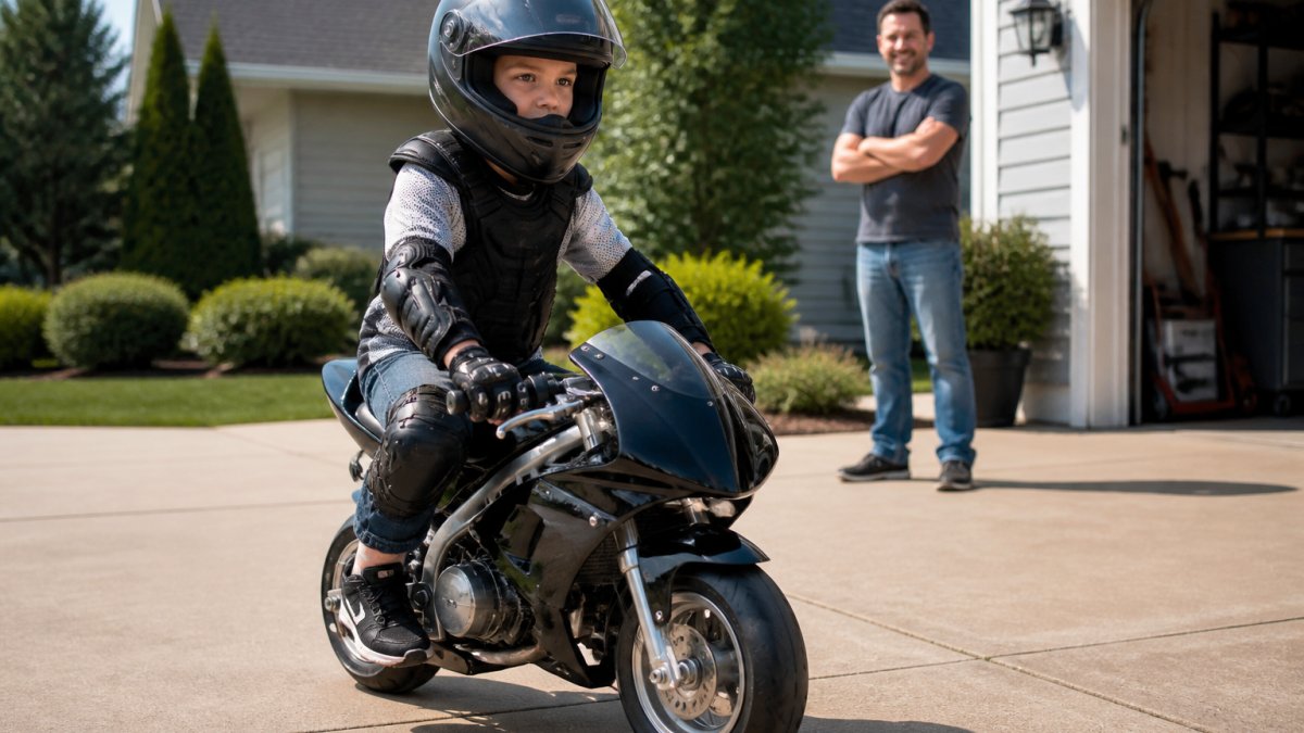 Child wearing protective gear practicing throttle control on a gas pocket bike in a sunny driveway with a parent nearby