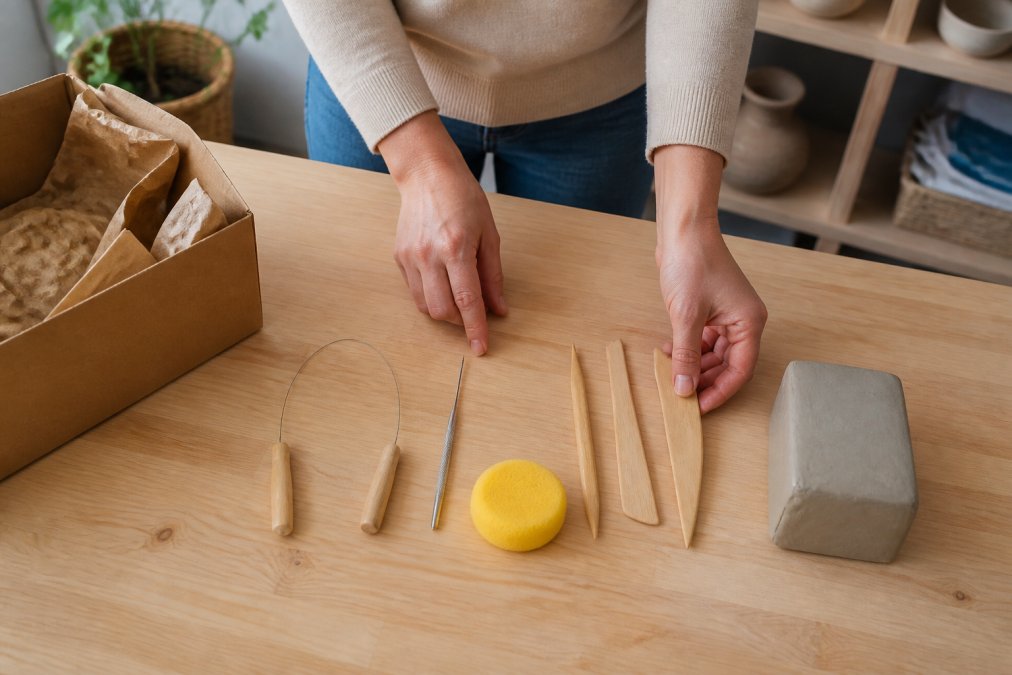 Hands organizing essential tools and gray clay included in beginner pottery kits on a wooden table.