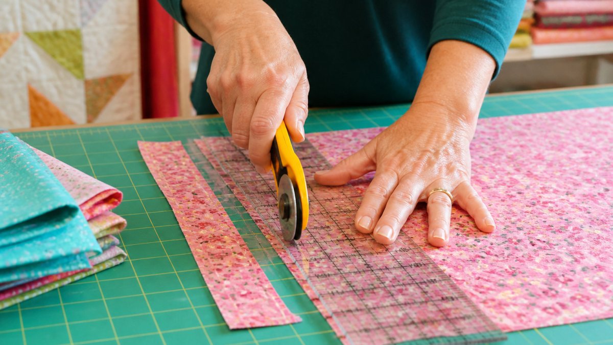 Close-up of hands cutting colorful quilting cotton with a rotary cutter on a self-healing mat, showing proper technique and hand positioning