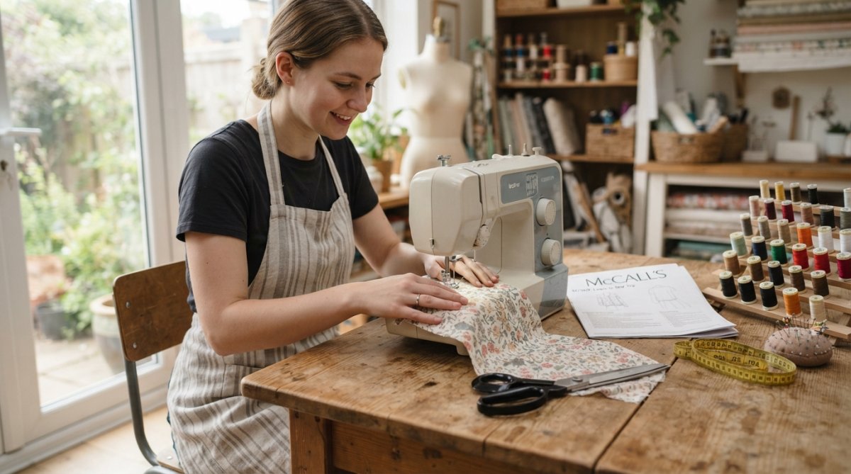 Infographic visualizing essential tools and steps for our beginner sewing course with support.