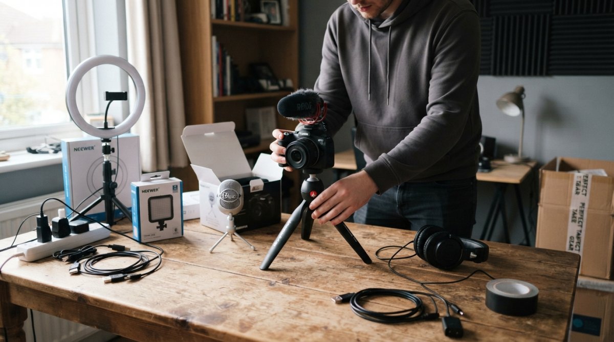 Overhead flat-lay shot of essential beginner studio gear arranged on wooden desk: condenser microphone with stand, audio interface, closed-back headphones, XLR cables coiled neatly, pop filter, and cables organized in clean layout with natural window lighting