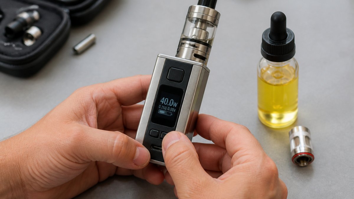 Close-up of hands holding a vape device with the display screen visible, showing wattage adjustment in progress, with e-liquid bottle and coil nearby on a clean surface