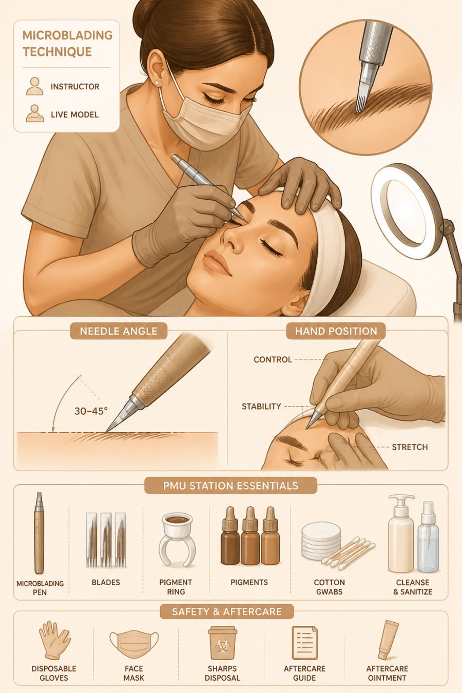 Professional PMU instructor demonstrating precise microblading technique on a live model's eyebrow, showing exact needle angle and hand positioning during application under bright clinical lighting
