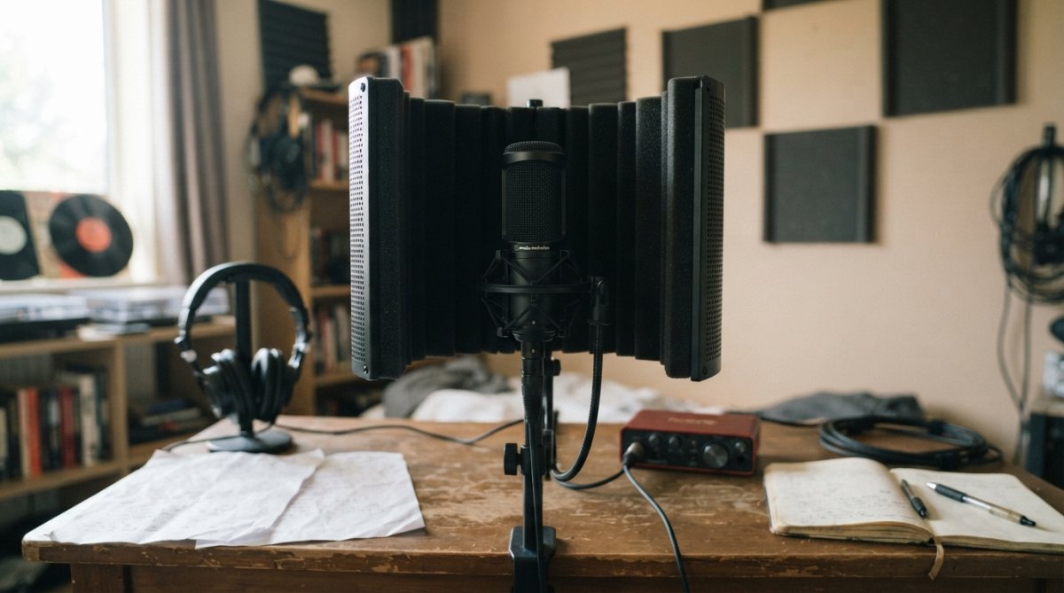 A compact home studio setup featuring a microphone on an isolation shield with XLR cables, a small audio interface, and closed-back headphones arranged on a wooden desk in a bedroom with acoustic foam panels on the walls