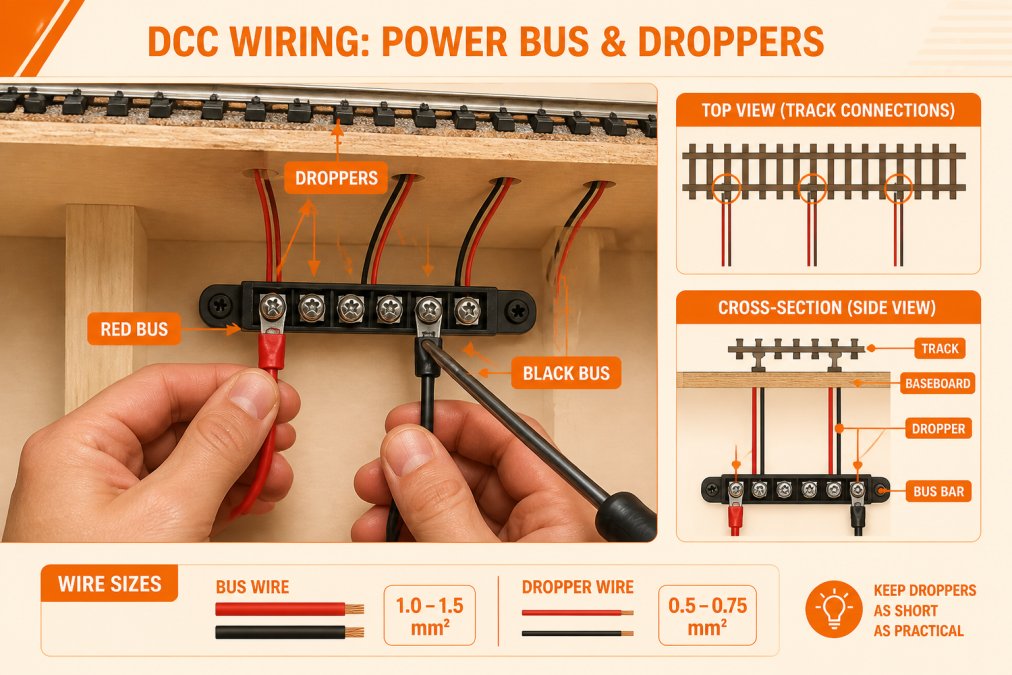 Hands stripping and connecting red and black bus wires for DCC wiring under a model railway baseboard